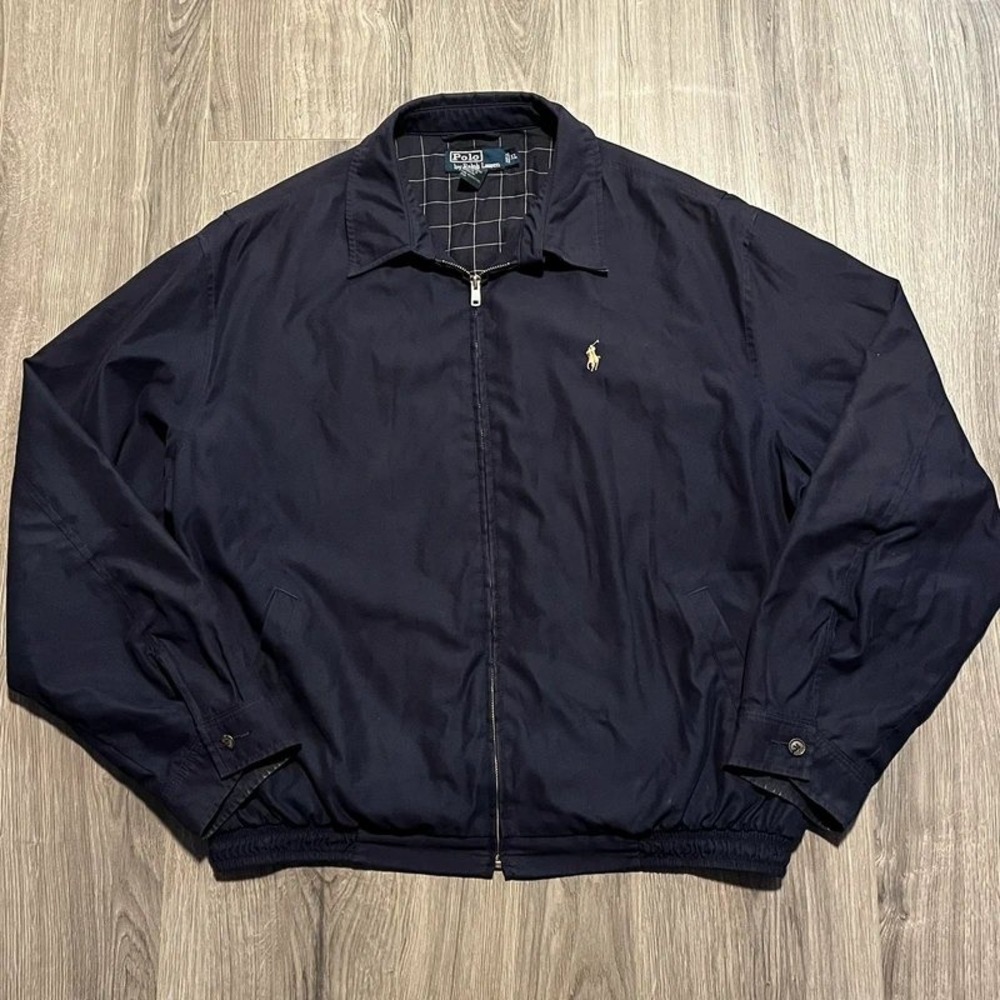 Polo Ralph Lauren Navy Plaid Lined Harrington Jacket Men's XL Vintage